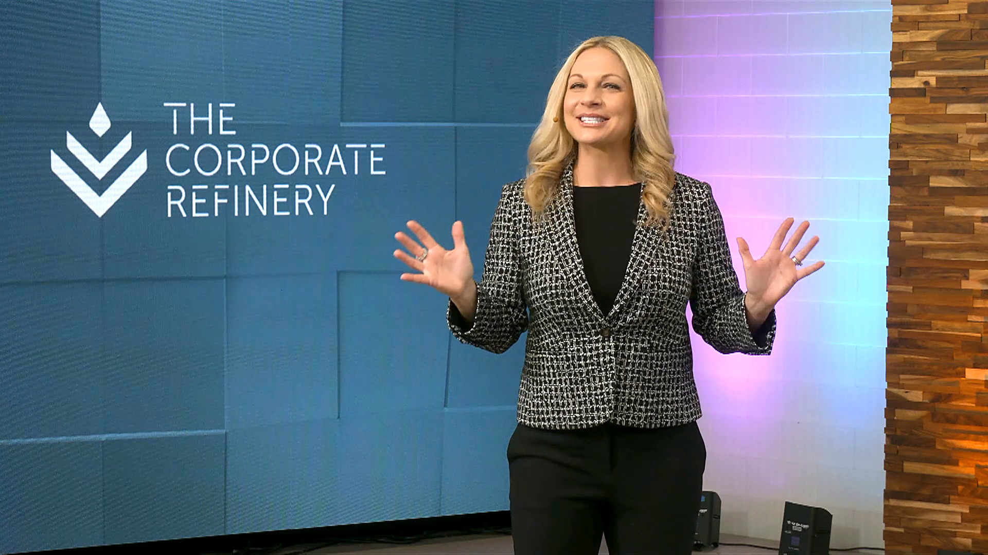 Presenter delivering a virtual keynote from the studio